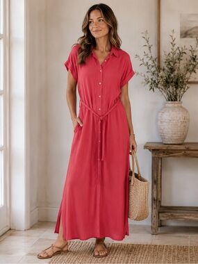 blue island Coral Button-Front Maxi Dress with Tie Waist